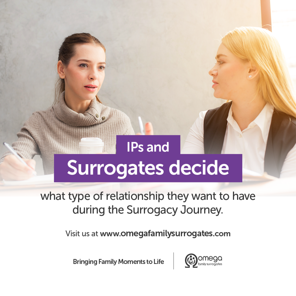 Two women talking with the text "IPs and surrogates decide what type of relationship they want to have during the Surrogacy Journey."