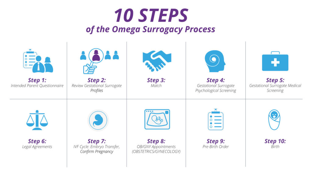 A visual of the 10 steps of the omega surrogacy process.